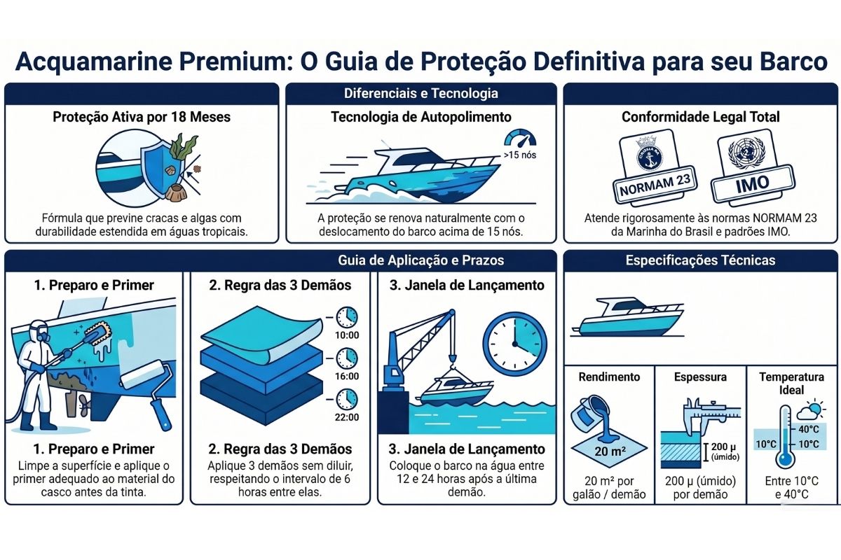 Infográfico Acquamarine Premium: primer específico, 3 demãos com intervalo de 6 horas, imersão em 12-24h, manutenção com esponjamento a cada 2-3 meses, repintura a cada 18 meses, rendimento de 20 m² por galão.