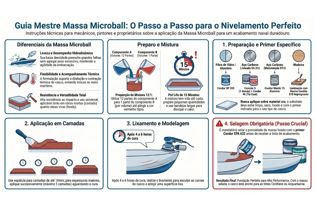 Infográfico técnico com passo a passo completo para aplicação da Massa Microball da Coninco: preparação da superfície, proporção de mistura 12:1, aplicação em camadas de até 10mm, lixamento e selagem obrigatória com Condur EPA 632. Guia essencial para pintores e profissionais náuticos.