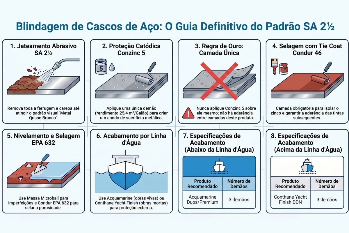 Infográfico: Padrão de jateamento SA 2½ (Metal Quase Branco) para proteção catódica em cascos de aço - Coninco