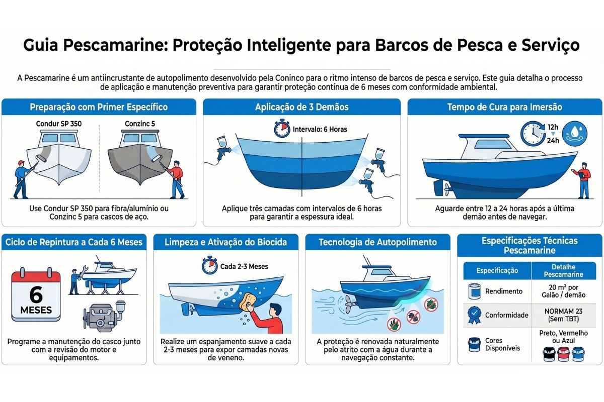 Infográfico Pescamarine: primer específico, 3 demãos com intervalo de 6 horas, cura de 12 a 24 horas para imersão, esponjamento a cada 2-3 meses, repintura a cada 6 meses, rendimento de 20 m² por galão. Tecnologia de autopolimento que renova a proteção durante a navegação.