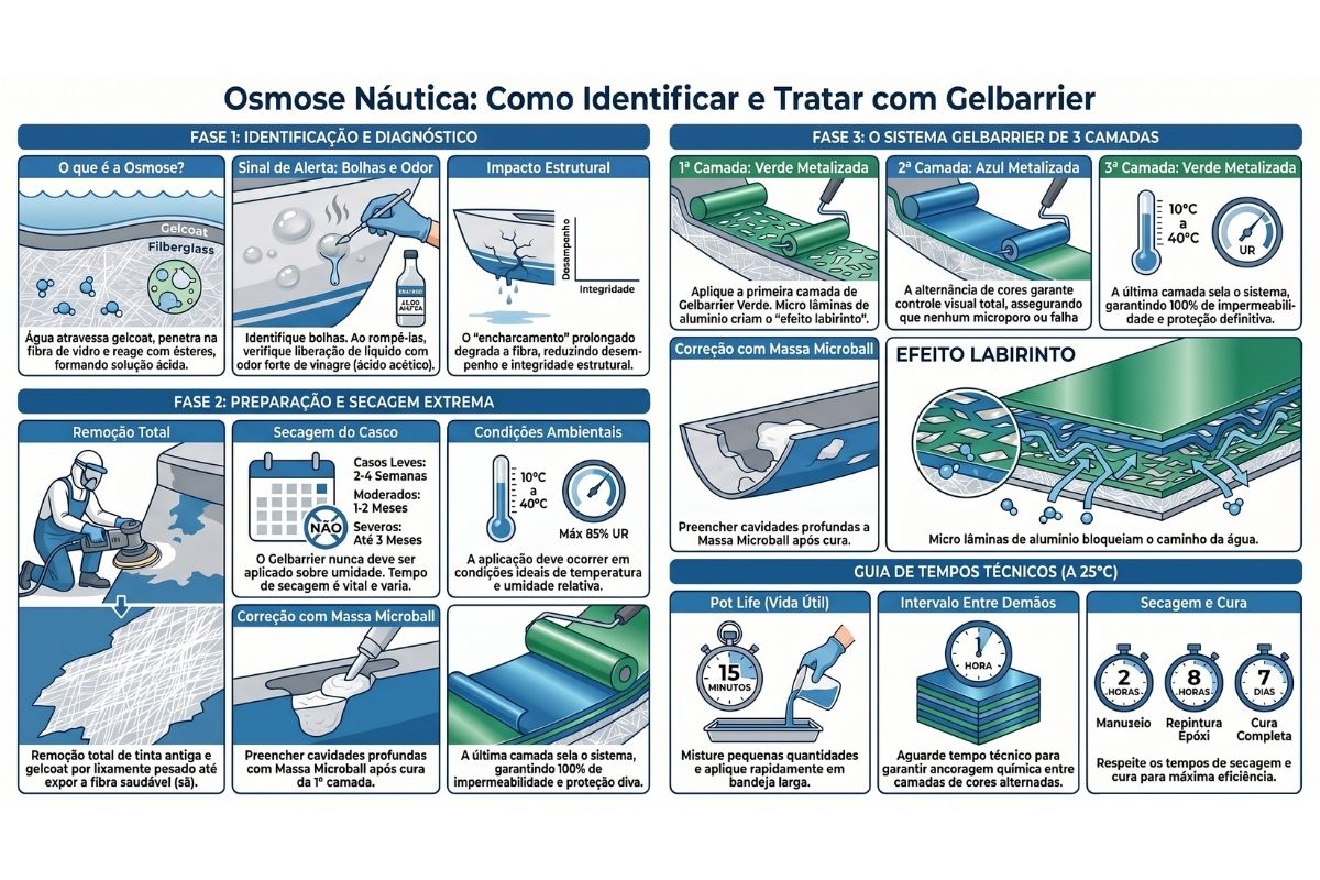 Aprenda o passo a passo do tratamento de osmose com o infográfico Gelbarrier da Coninco. Identifique bolhas com cheiro de vinagre, prepare a fibra e aplique as 3 camadas alternadas para um casco 100% impermeavel.