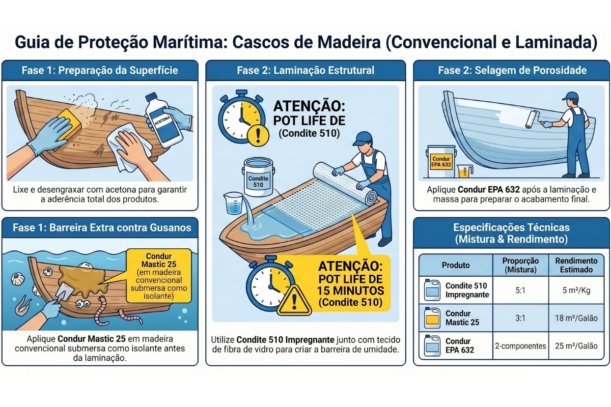 Infográfico: Guia de Proteção Marítima - Cascos de Madeira Convencional e Laminada - Coninco