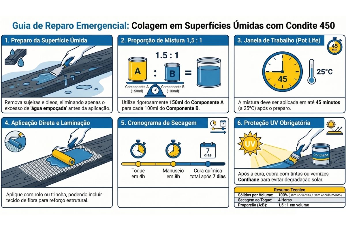 Infográfico Condite 450: preparo da superfície úmida, proporção de mistura 1,5:1 (150ml A + 100ml B), pot life de 45 minutos, aplicação com rolo ou trincha, secagem ao toque em 4h, manuseio em 8h, cura total em 7 dias e proteção UV obrigatória com Conthane